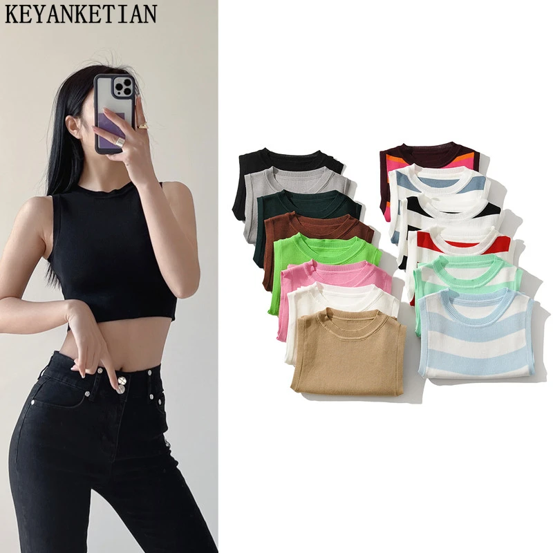 KEYANKETIAN 2022 summer new round neck sleeveless knitted vest candy color striped waistless cropped sleeveless top