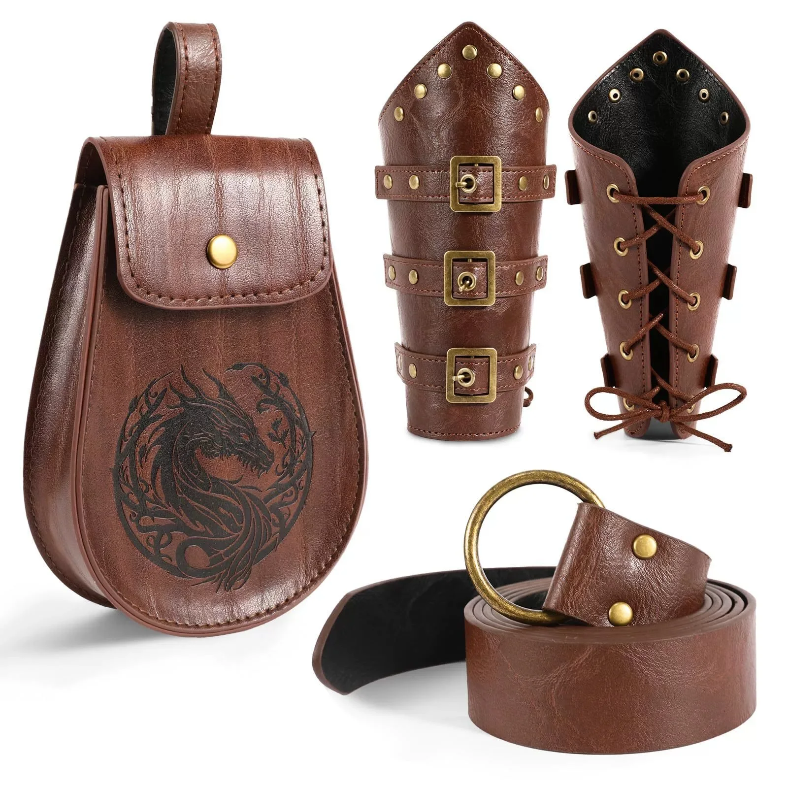 Medieval Vintage Belt Viking Leather Bracers Pouch 4pcs Set