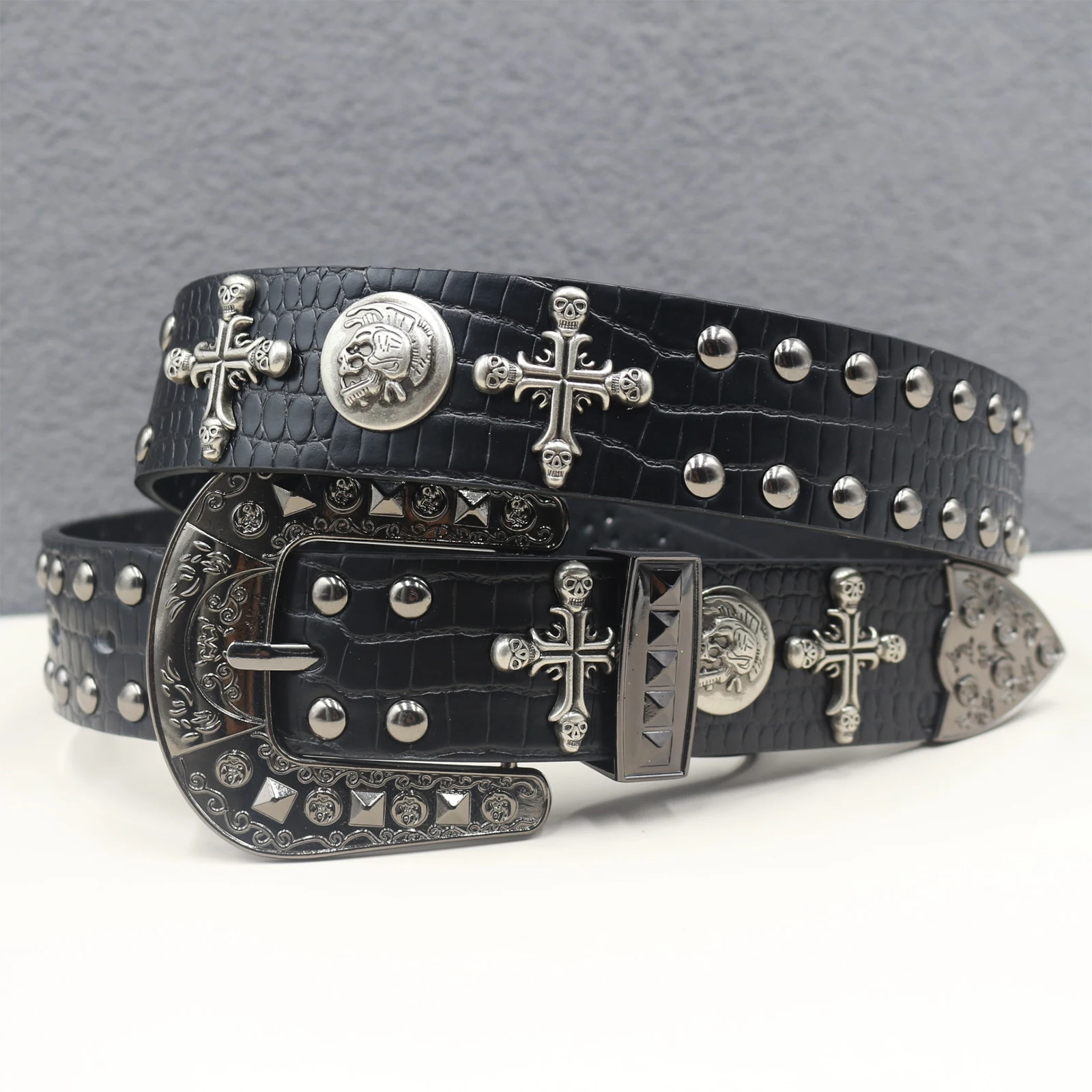Y2K Punk Cross skull Rivet Belt Goth Pu Leather Belts For Women Jeans Pants Boys And Girls Students