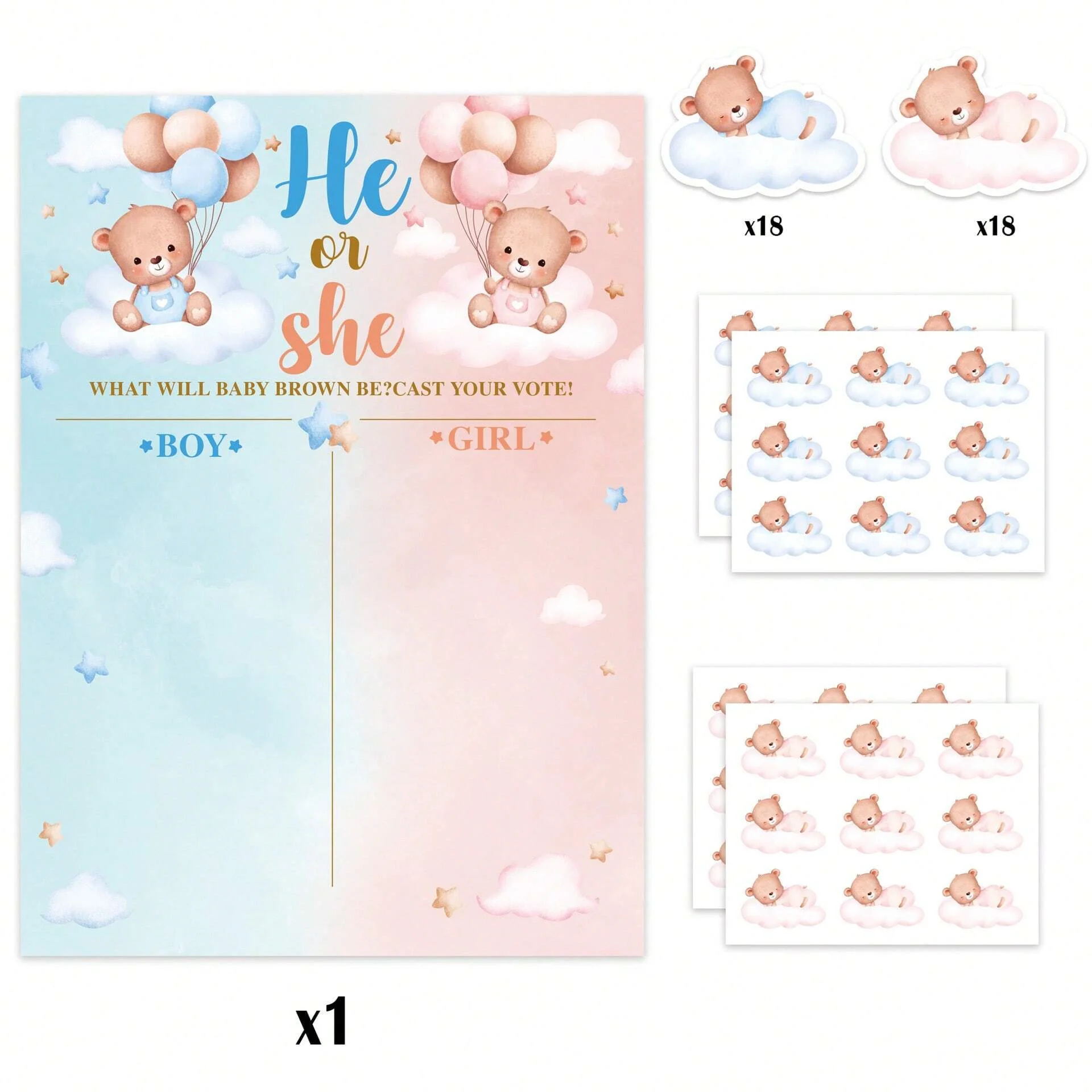1Set Teddy Bear Gender Reveal Poster, Gender Reveal Voting Poster Party Games Kit with 36pcs Bear Pink and Blue Voting Stickers