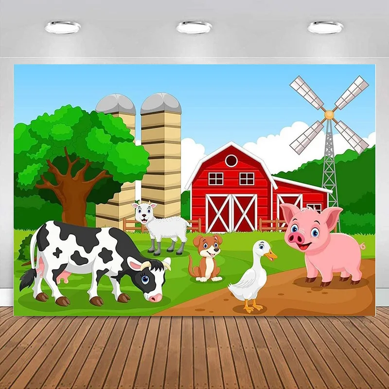 

Farm Animal Backdrop for Kids Birthday Party Decorations Cartoon Red Barn Cow Photography Background Baby Shower Themed Banner