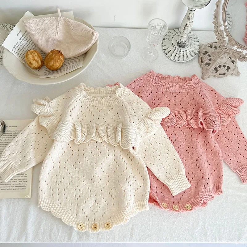 

Toddler Baby Girls Knitting Bodysuits Long Sleeve Solid Color Hollowed Out Spring Autumn Newborn Baby Girls Knitting Jumpsuit