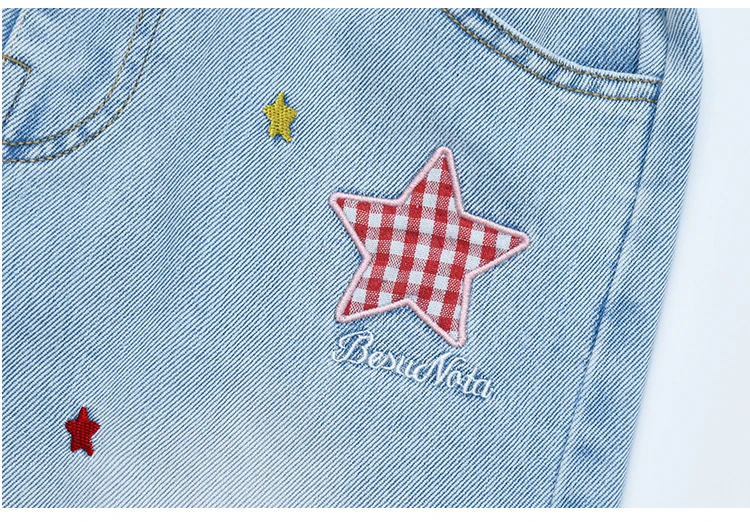 Kinder Sommer Retro Blaue Denim-Shorts mit Sternen für Tweens Mädchen Hip-Hop Taschen Hohe Taille Schmale Knielange Capri-Jeans – Detail 7