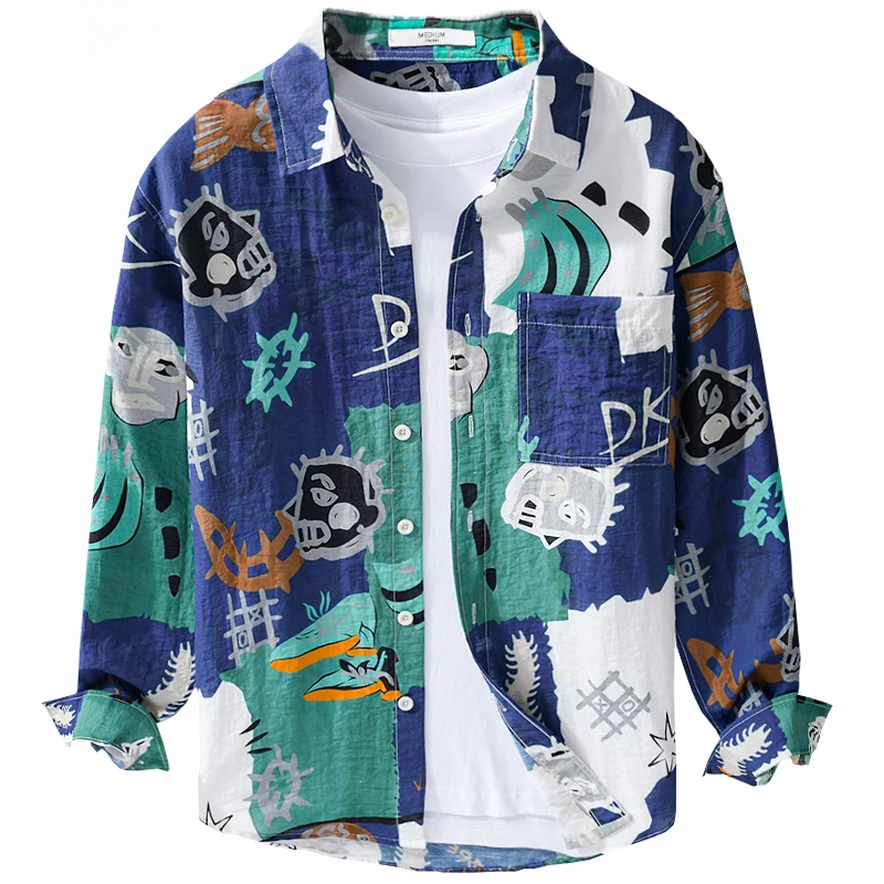 Chic Printed Linen Blend Casual 2024 Men's Spring/Fall Fashion Long Sleeve Chest Bag Loose Casual Street Shirt