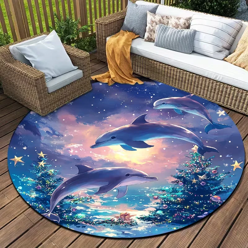 Round Dolphin Xmas Seaside Starry Sky Area Rug Ocean Dolphin Christmas Tree Star Pattern Decor Carpet For Patio Balcony