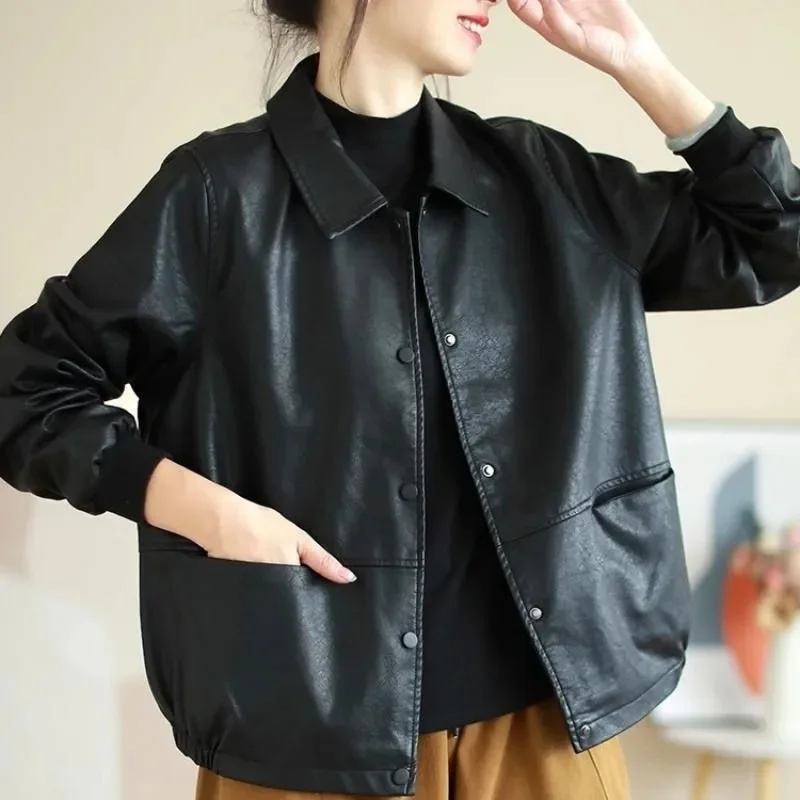 Retro Women's Two-layer Leather Trench Coat Fashion Single-breasted Dark Button Ladies Long Sheepskin Coat