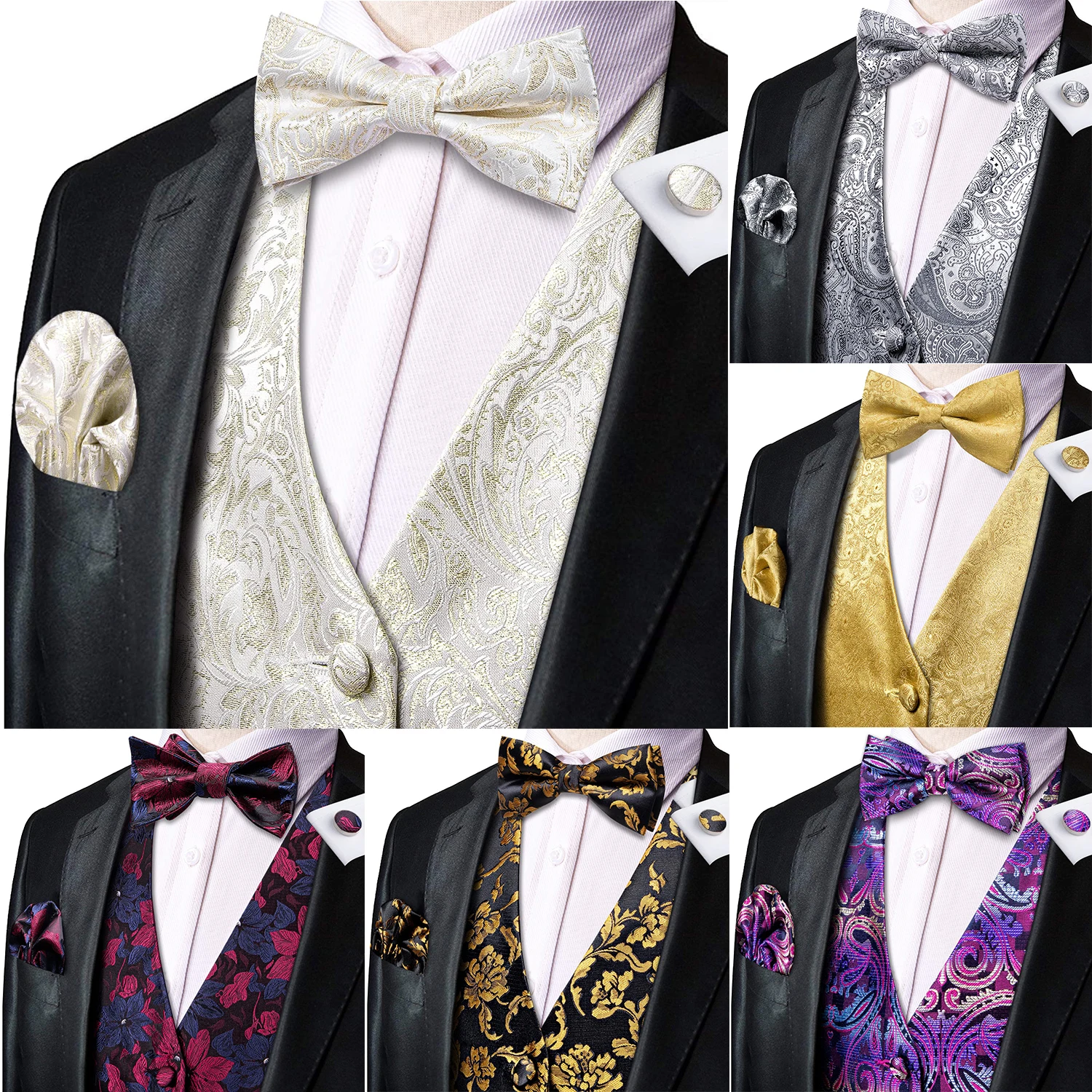 Luxury Silk Mens Vest Tie Bowtie Set Sleeveless Jacket Suit Waistcoat Necktie BHanky Cufflinks Beige Gray Gold Purple Blue Red