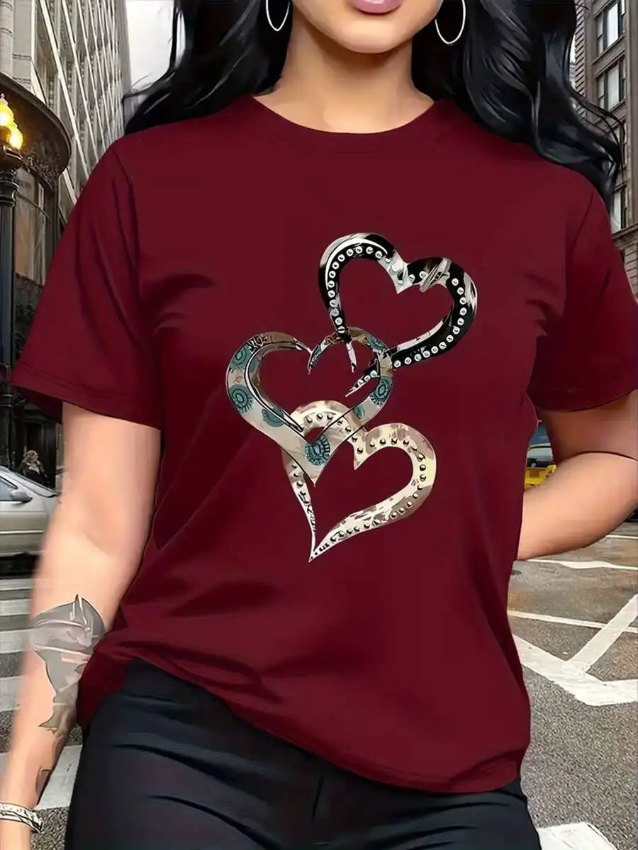 2026 Fashion New Heart Pattern Graphic Tee Women Round Neck Short Sleeve Versatile Daily Casual Basic Top Tee