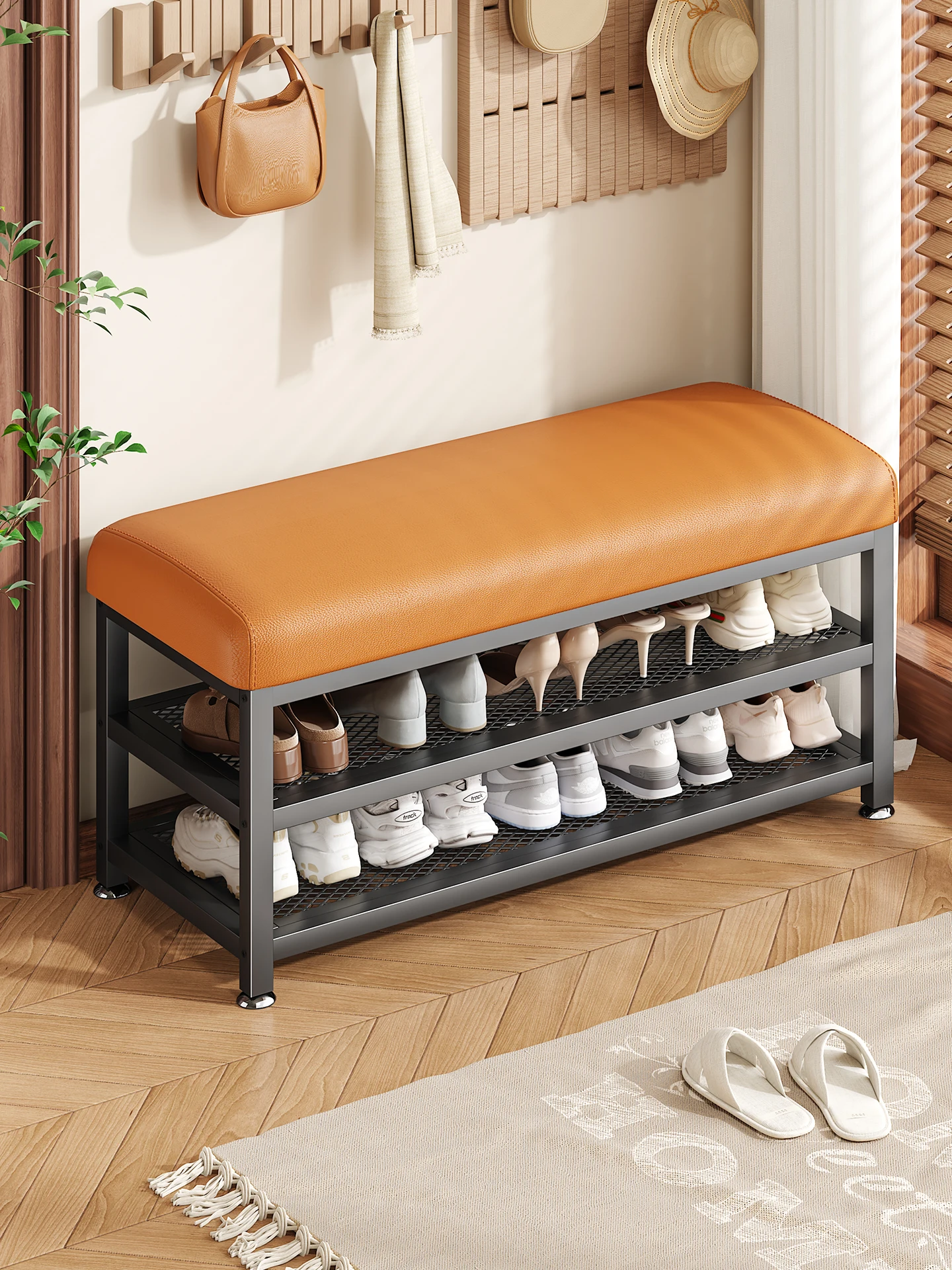 豪華な多層アイアンアートシューズラックベンチ、玄関収納シート、自立型フロアスタンドデザイン