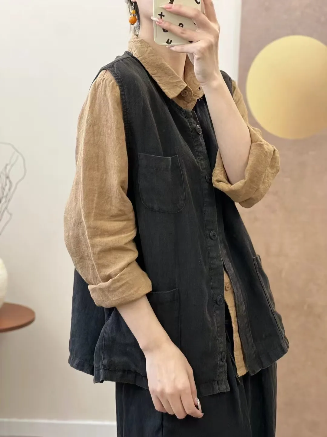 Autumn 2024 New Pure Linen Loose Women's Jaet Svel Outerwear Retro Artistic Sle Slimming Ladies Vest Top