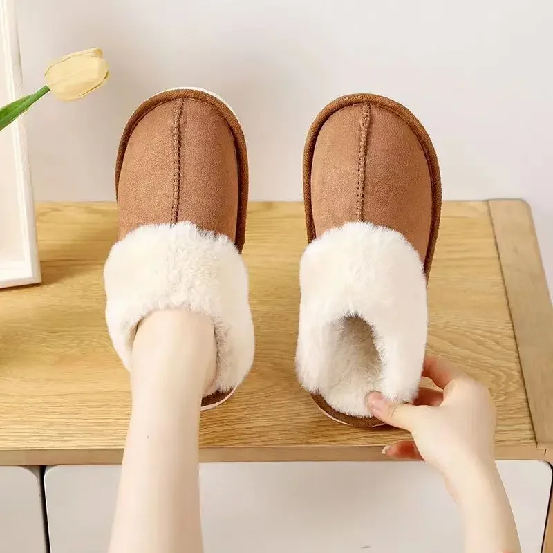 Women's Winter Warm Slippers Flat with Memory Foam Fuzzy Indoor House Non Slip Soft Shoes Couples Short Plush Mute Slides