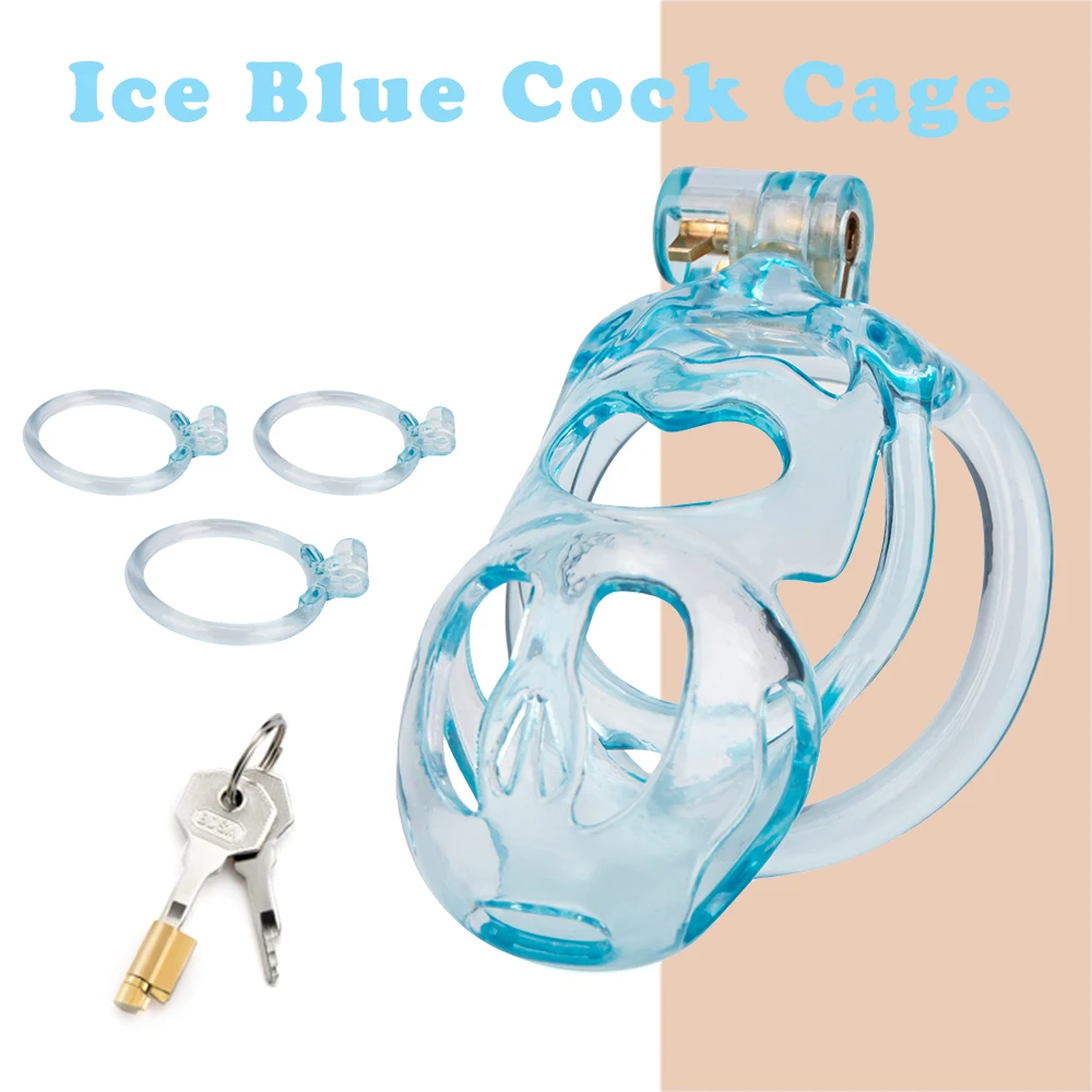 

Ice Vision Blue Chastity Cage With 3 Base Penis Rings Lightweight 3D Printing Cock Cage Fetish BDSM Sex Toys For Men Penis Cage