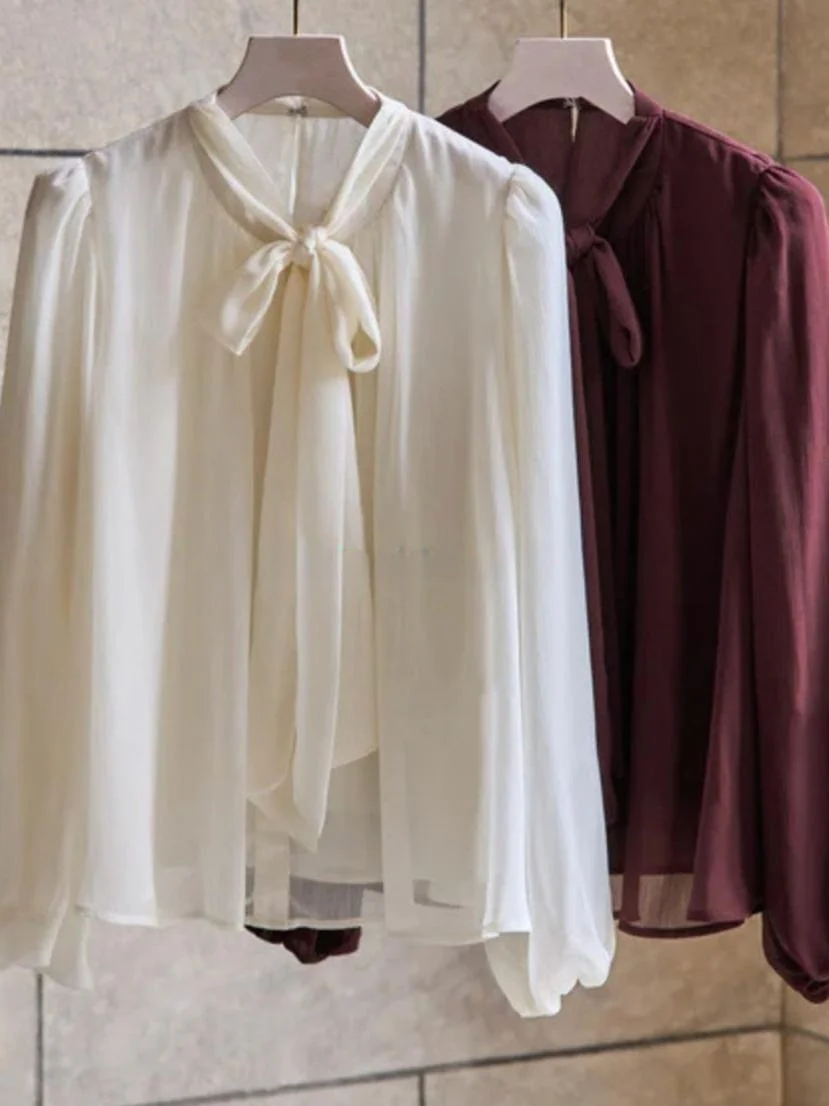 

Pure Color Bow Knot Lantern Sleeve Chiffon Shirt Small Island Yoko H Home Sweet Style Loose Fit Long Sleeve Polyester Fiber