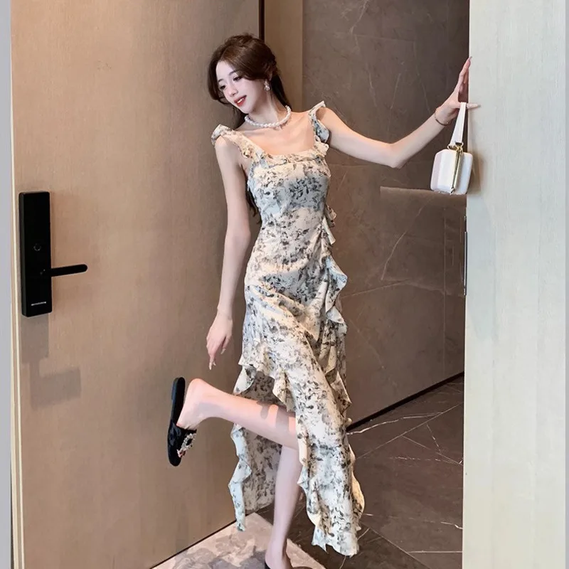 2024 Summer New Style Wooden Ear Edge Ink Painting dress Female Summer Long Dress Women's Clothing Traf Vestidos Largos 원피스