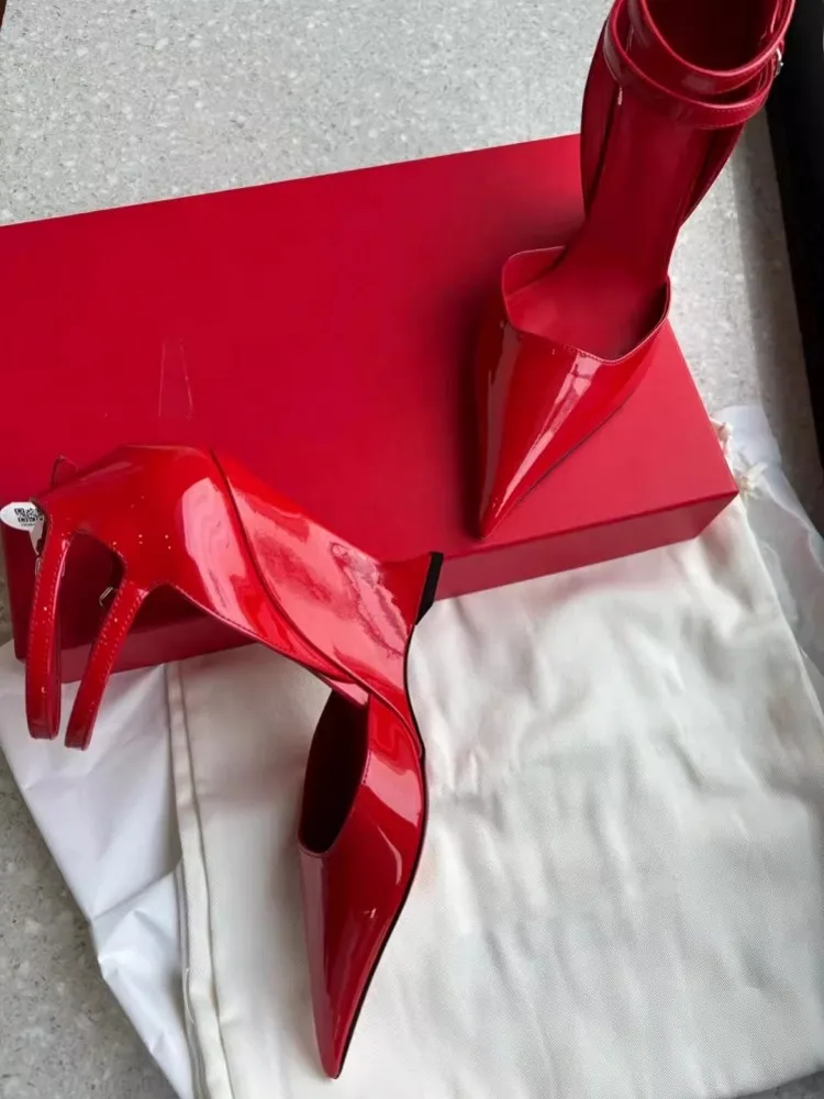 Sexy Women Red Pointed Toe High Heels Wedges Sandals Split Leather Ankle Strap Shoes Runway New Designer Summer Party Sandals