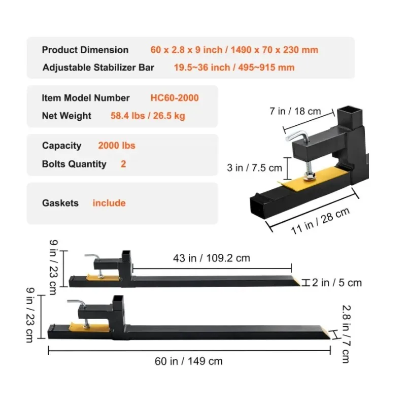 

【Best-selling】Heavy Pallet Fork with Adjustable Stabilizer for Loader Bucket Slip Steering Tractor Black