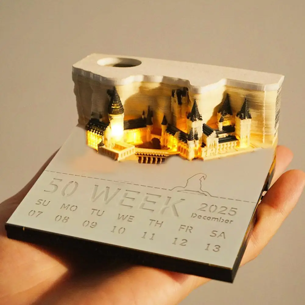 Nuevo 2025 pegatina creativa del calendario del castillo mágico de Hogwarts con luz 3D calendario del castillo rasgado a mano regalo de Año Nuevo