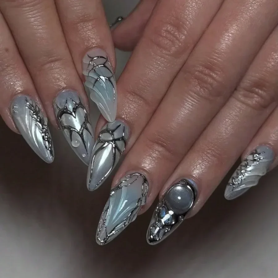 

24Pcs Y2K Light Blue Love Almond Press On Nails, Sweet Spicy Reusable Fake Nails For Women Daily Wear