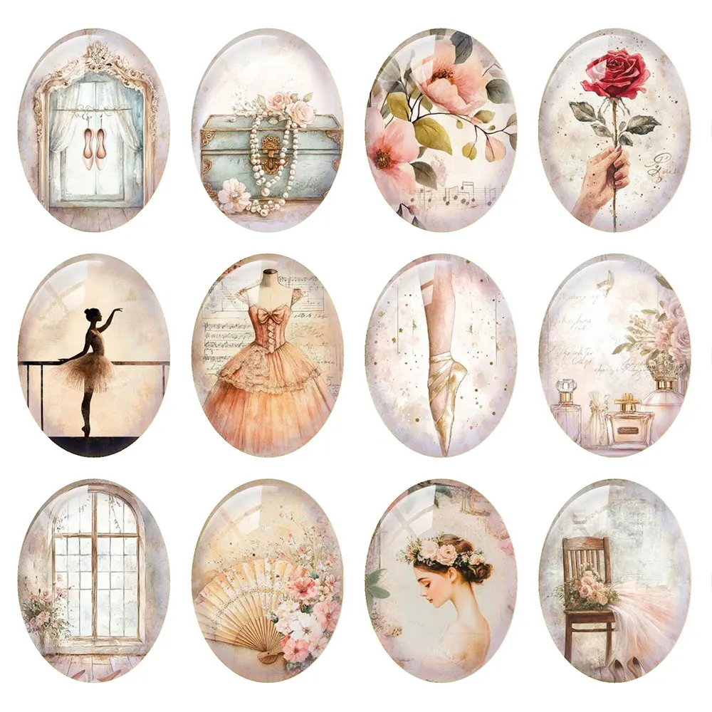 Random Mixed Round/Oval/Square Vintage Ballet Rose Dancer Photo Glass Cabochon Flatback Demo Cameo For Diy Jewelry Making