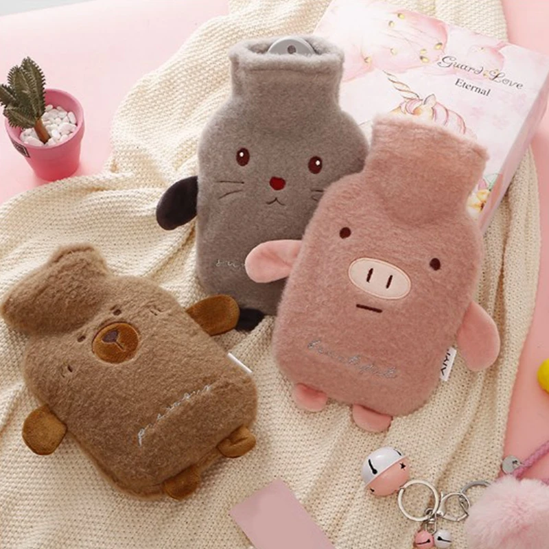 1/2 L Hot Water Bottle With Cover Pig Bear Cold-proof Plush Hot Water Bottle Protective Removable Hot Water Bag Cover Supplies