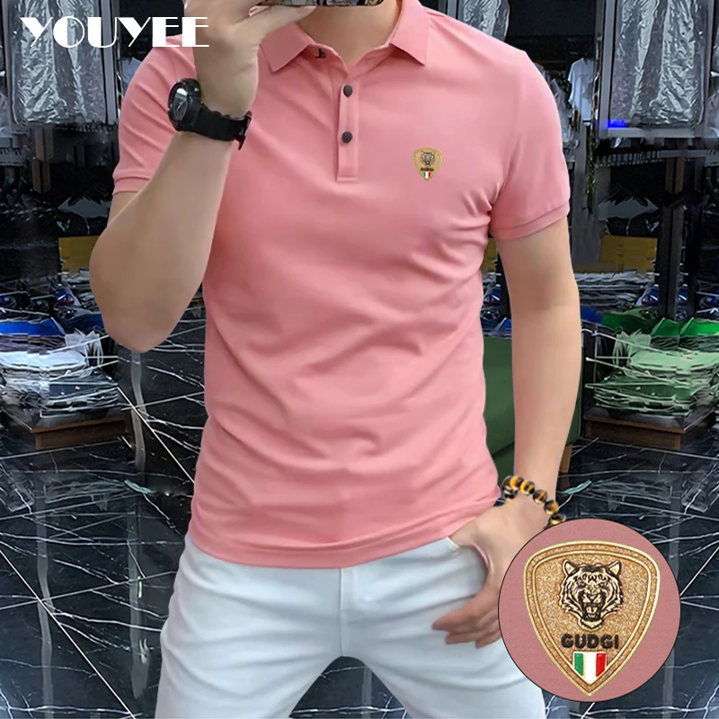 Men\'s Solid Color Casual Polo T-shirt Logo Decorate Candy Bright Color Male Lapel Polo Tops High Quality High Grade Man Clothing