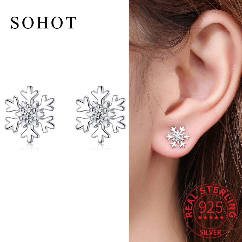 

Настоящее серебро 925 пробы, изысканные серьги-гвоздики со снежинками и цирконием для очаровательных женщин, изящные ювелирные изделия, зимние индивидуальные аксессуары