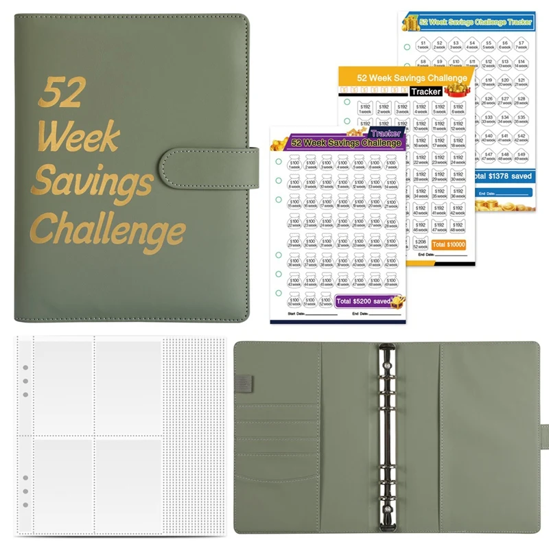 52 Week Money Saving Challenge Binder with Cash Envelopes for Saving, A5 Budget Binder Savings Challenges Book Green