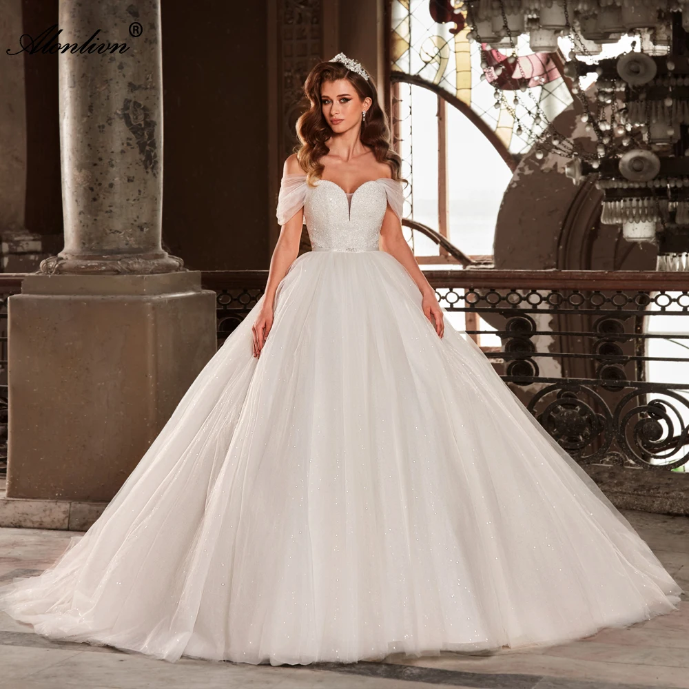 Alonlivn Simple Style Beading Pearls Sweetheart Ball Gown Wedding Dresses Novias