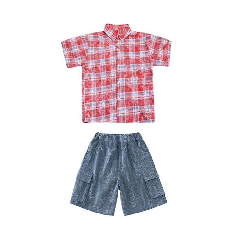 Boys Hip Hop Sets Red Plaid Shirt Denim Vest Jeans Short Girls Jazz Street Dance Clothes Kids Streetwear Teens Costume
