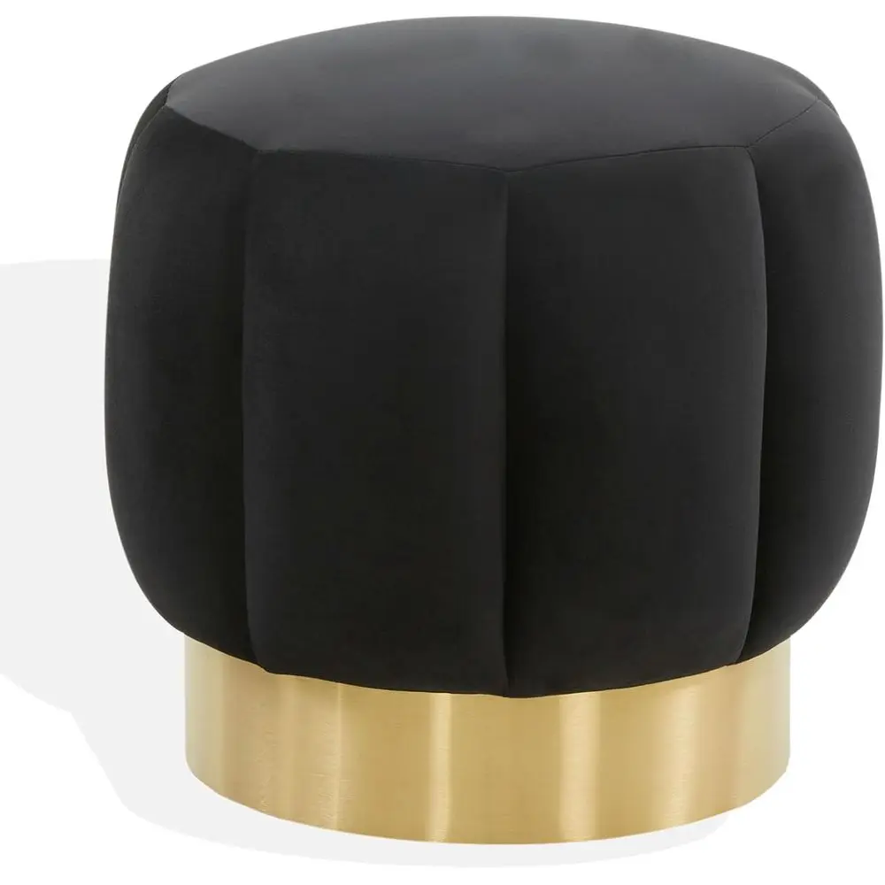 

Glamorous Black Velvet Gold-Channeled Upholstered Round Ottoman, Fully Assembled for Living Room or Bedroom Vanity Use