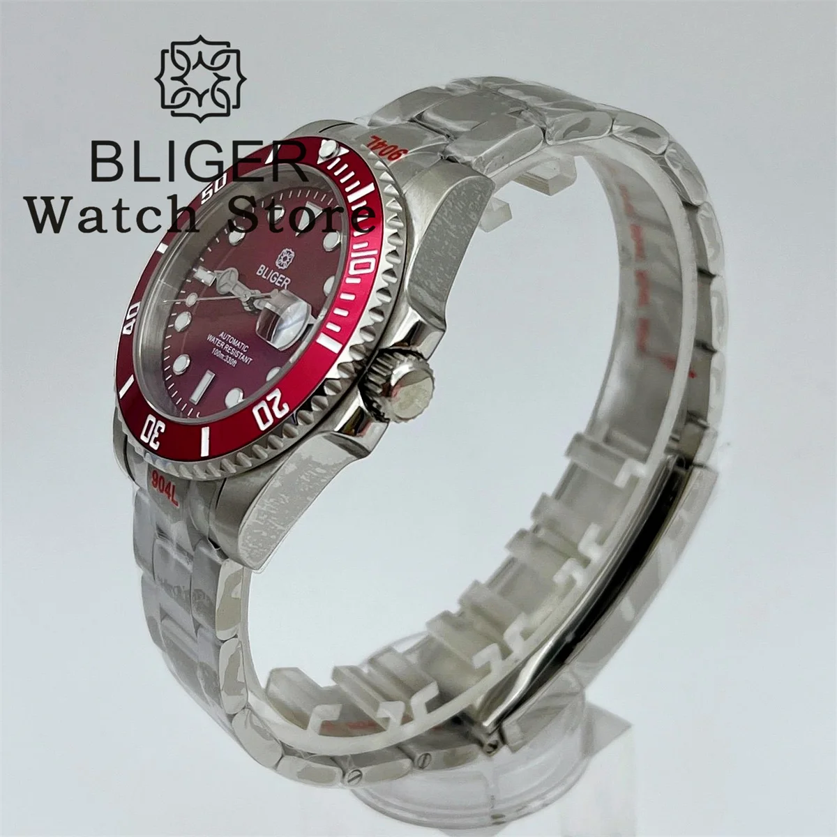 BLIGER 40mm NH35 PT5000 Automatic Red Black Blue Green Diving Watch For Men Stainless Bracelet Date Magnifier Deep waterproofing