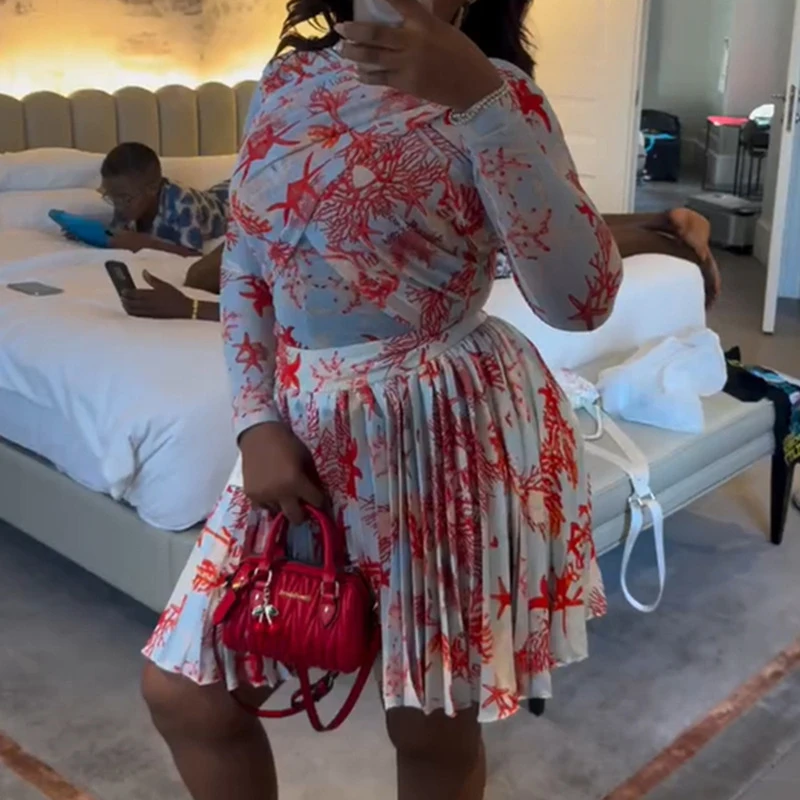 New African Fashion Women Dress set Leaf Print Long Sleeve O-neck Wrap Front Pleated Dress Vacation Party Birthday Dresses