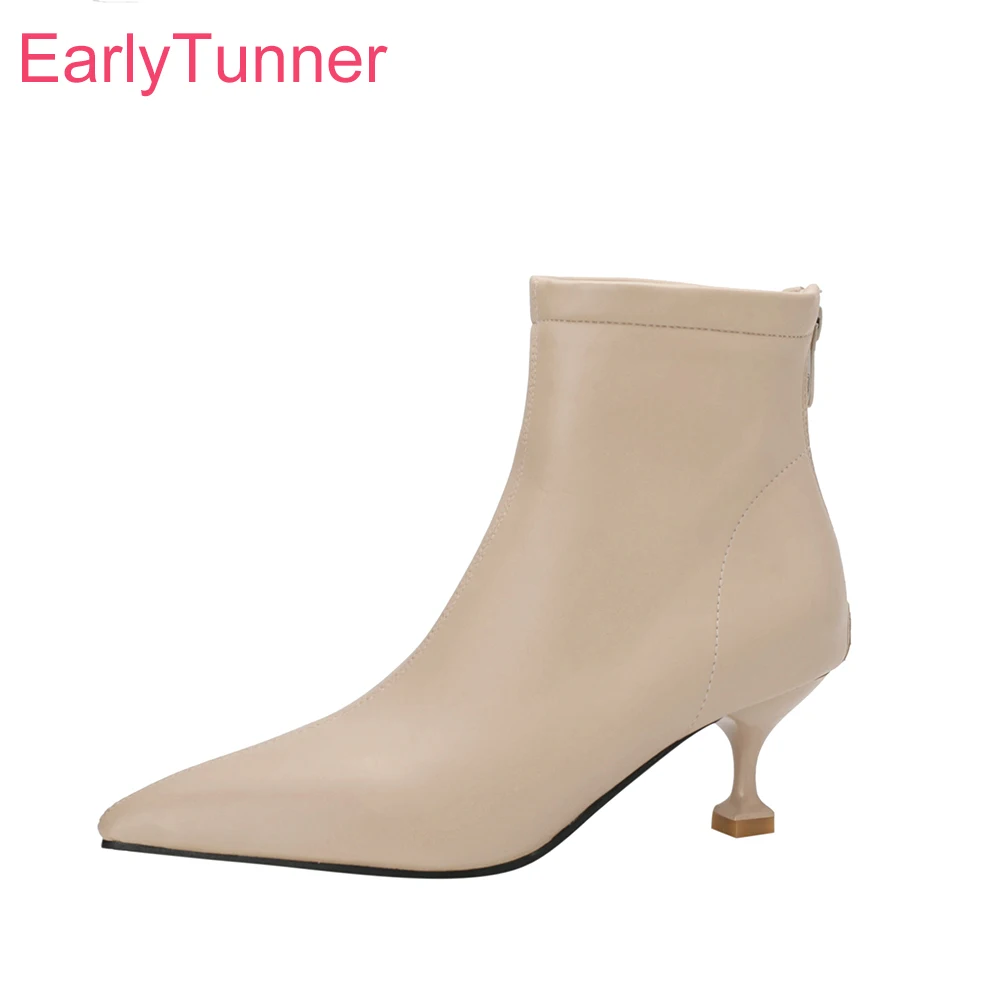 

Зимние гламурные бежевые, черные женские ботильоны с острым носком на высоком каблуке, женская официальная обувь, маленький большой размер 32, 12, 436, 48