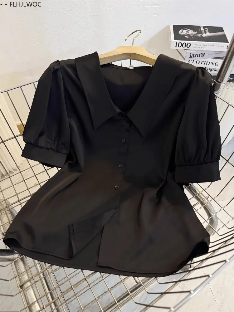 Camisas pretas elegantes design francês mulheres verão puff manga senhora do escritório botão sólido básico moda commuter topos blusas
