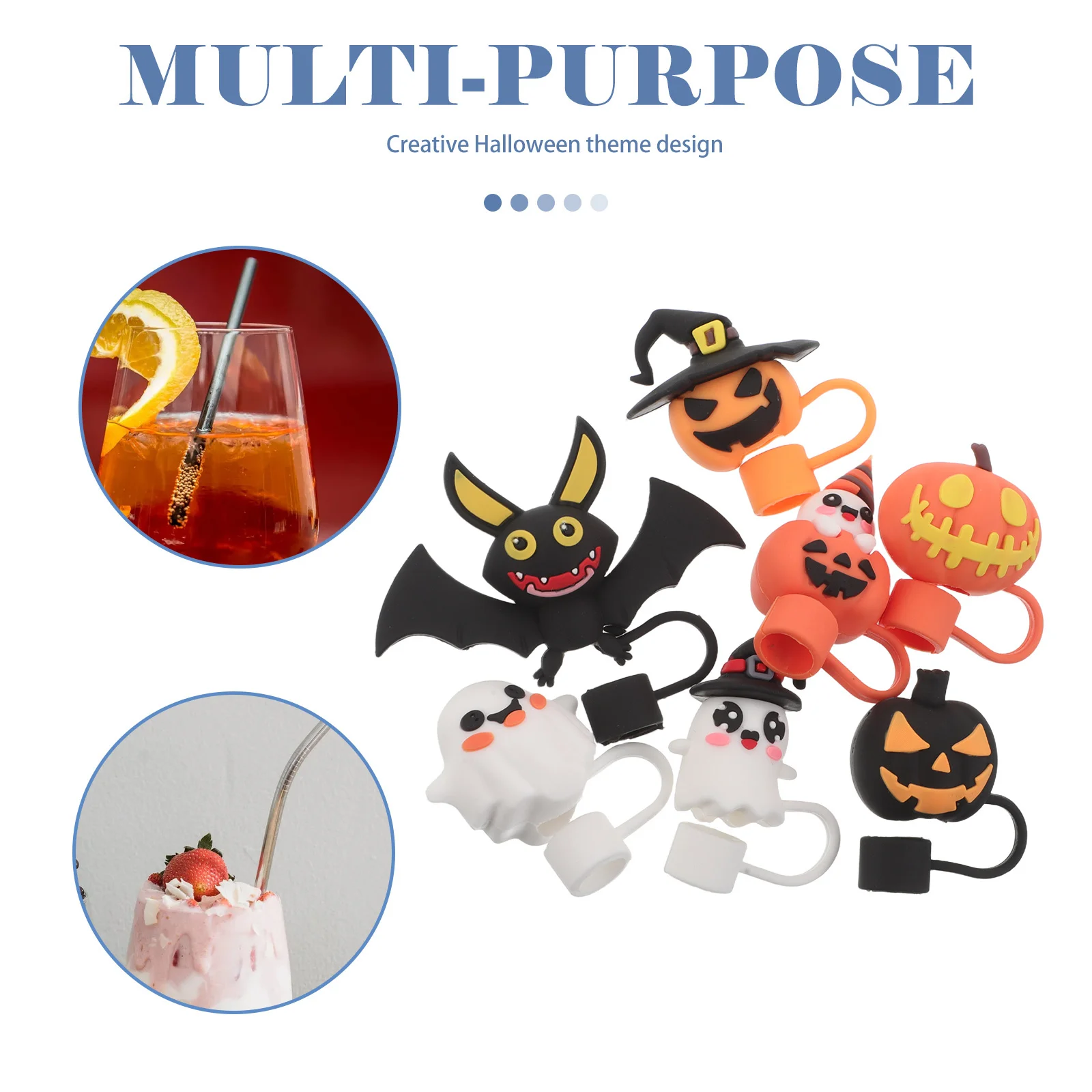 

7Pcs Cute Halloween Straw Toppers Pumpkin Ghost Skull Silicone Lid Cover for Tumblers Cups Water Bottles Party Decor