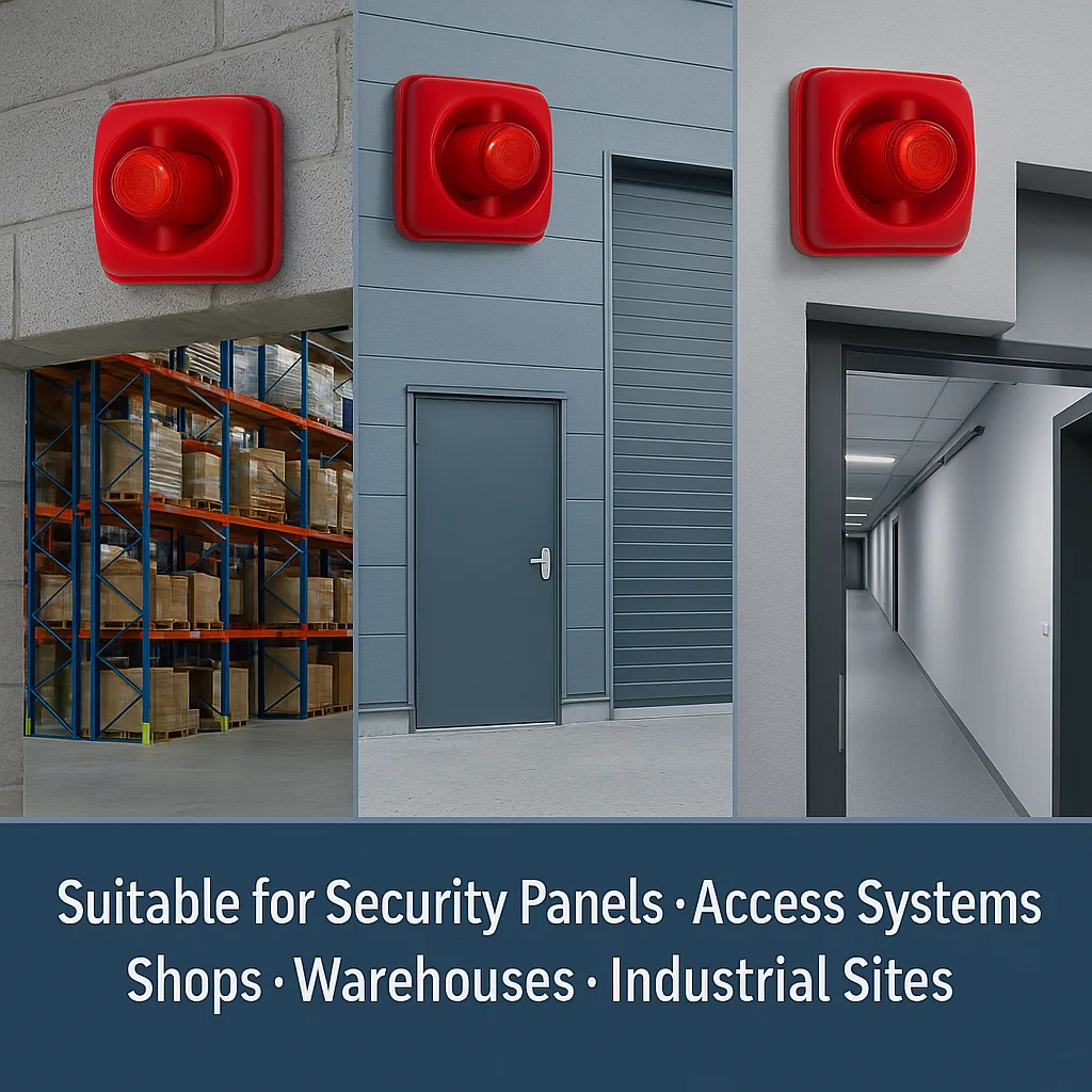 Alarme de som e flash LED 115dB · Entrada DC12/24V (7-26V) · 120FPM · Baixa potência ≤30mA · Para painéis de segurança/controle de acesso