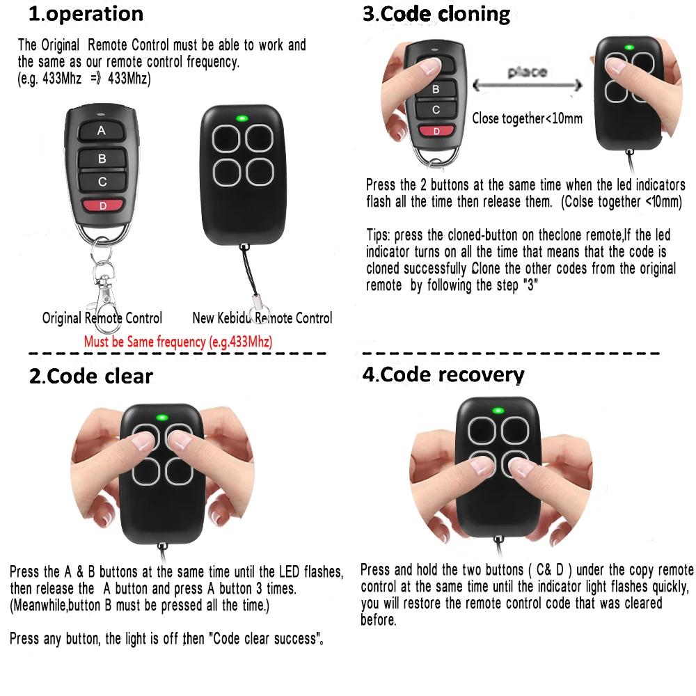 Mando a distancia multifunción de 300MHZ-915MHZ, copia de código fijo, conmutación de modo Dual, mando a distancia RF de 4 teclas