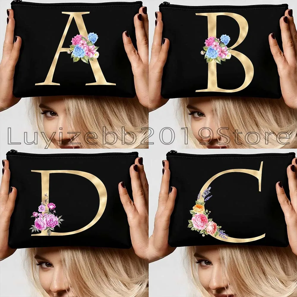 Gold Floral Letter English Alphabet Flowers Initial Letter Gifts Canvas Cosmetic Bags Makeup Brush Organizer Pouch Toilet Bags