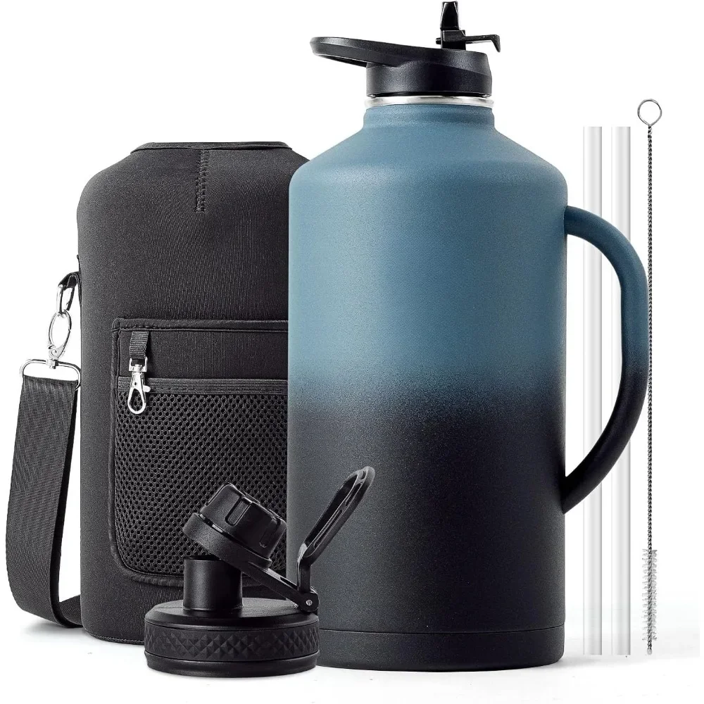 Water bottle insulated with handle, stainless steel metal jug, travel bottle with straw mouth cap, mug mug with carrying pouch