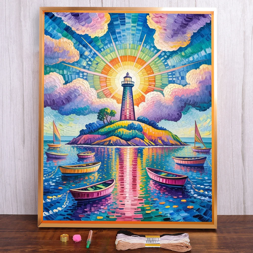 

Landscape Lighthouse Cross Stitch Complete Kit Embroidery Sewing Needlework Handmade Handicraft For Adults Gift Home Decor
