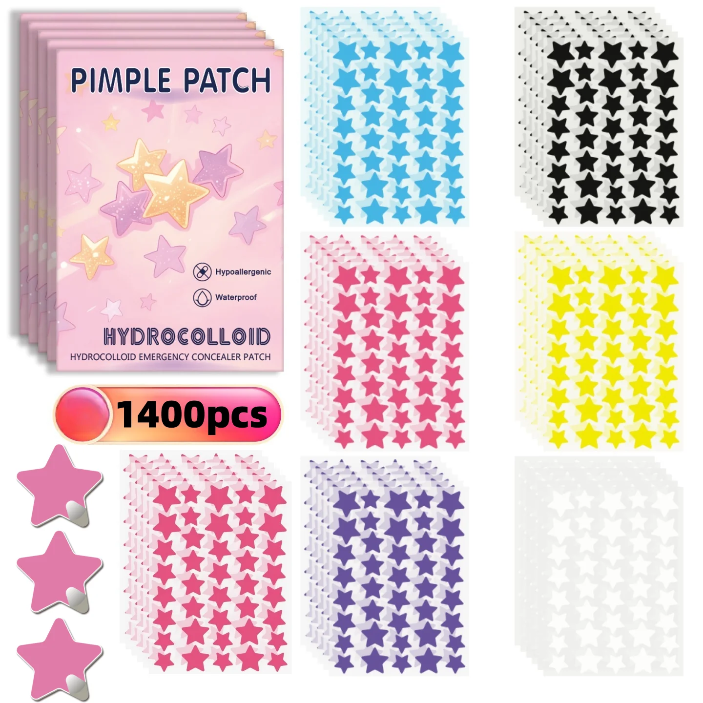 1400 قطعة من ملصقات حب الشباب على شكل نجمة، مقاومة للماء وقابلة للتنفس، للاستخدام اليومي للوجه، تغطية بشرة الوجه وأساسيات العناية #1