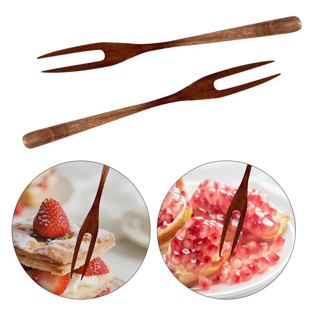 

2pcs Fruit Forks Wooden Mini Tasting Forks For Dessert Cake Buffet Appetizer Double Prong Finger Food Picks Natural Wood Finish