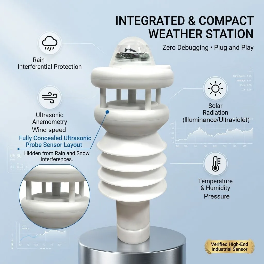 OEM 7 In 1 Compact Weather Station Industrial Grade IP65 Waterproof Ultrasonic Environmental Sensor System For Smart Agriculture