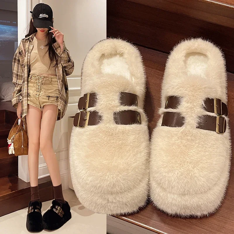 

Shoes Womens Slippers Outdoor Heeled Mules Slides Pantofle Cover Toe Fur Flip Flops Fashion Platform on A Wedge Flock High 2024