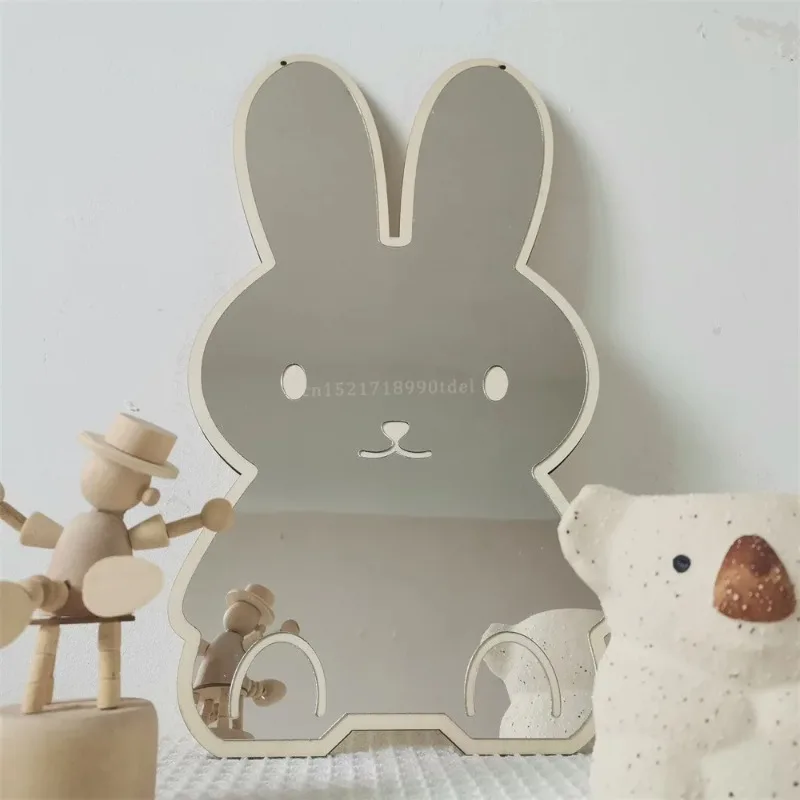 Ins-Style Kreativer Holz-Wandspiegel mit Niedlichem Bären- und Hasen-Dekor Hängespiegel Kinderzimmer-Dekoration Leichtgewichtig