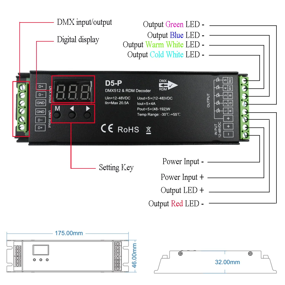 5 Channel DMX Decoder with RDM Digital Display DMX512 Dimmer Driver PWM RGBCCT LED Controller LED Module Light Input 12V-48VDC