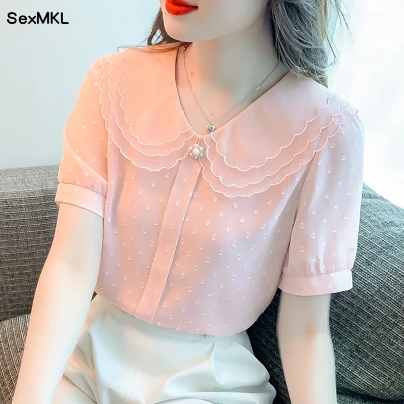 Summer Chiffon Blouses Women 2024 Elegant Korean Fashion Puff Sleeve Blusas Mujer Slim Sexy Ladies French Vintage Pink Tops y2k