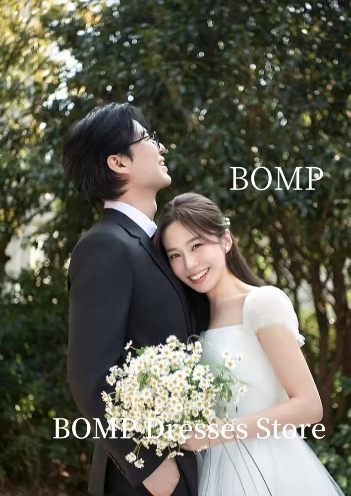 BOMP فستان زفاف الأميرة قصير الأكمام نفخة تول الاجتياح رايات قطار كوريا صورة تبادل لاطلاق النار ثوب استقبال الزفاف مخصص #1