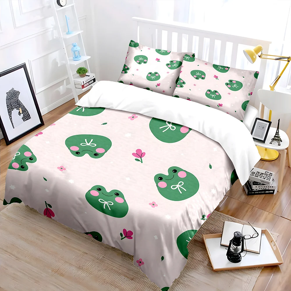 Green frogs and pink floral background Bedding Set for Kids Luxury Gift 3pcs Digital Print Comforter Set Soft Comfortable