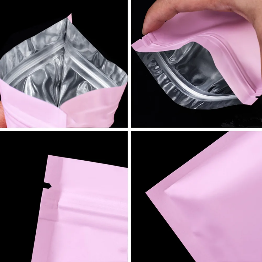 100Pcs/lot Matte Pink Aluminum Foil Zip Lock Food Gift Storage Bag Recyclable Zipper Self Sealing Package Pouches for Tea Powder